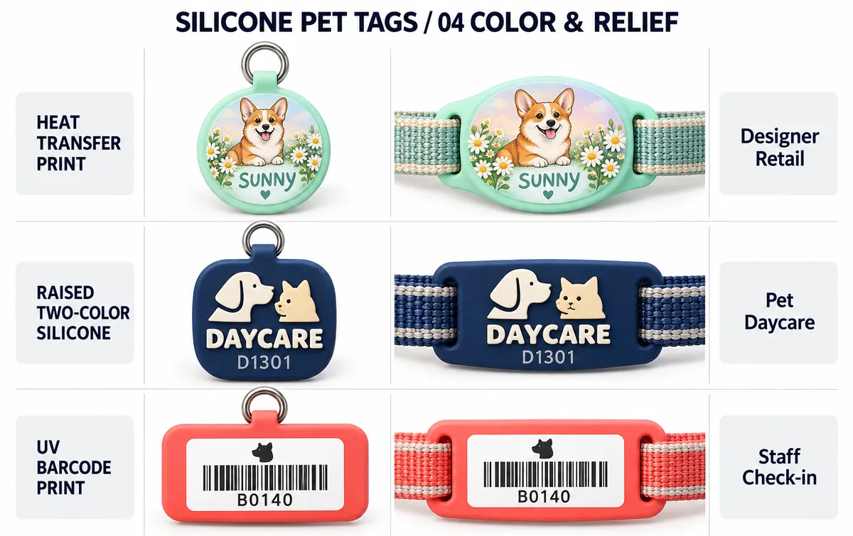 Silicone pet tags with heat-transfer full-color print, raised two-color silicone and UV-printed barcode
