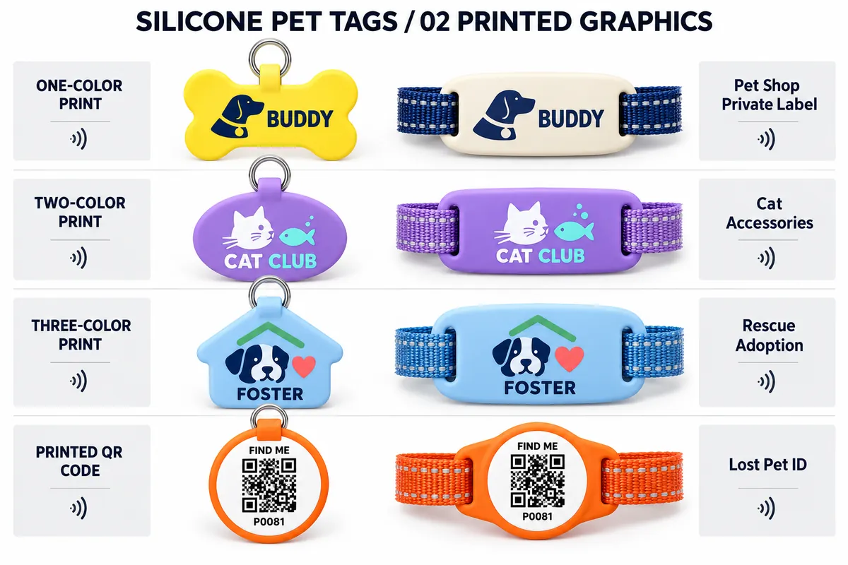 Silicone pet tags with one-color, two-color and three-color printed graphics and a printed QR code