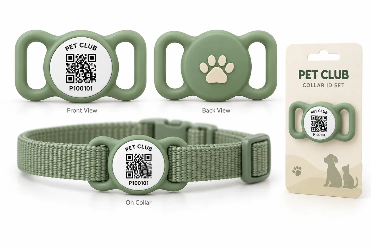 Green slide-on silicone pet ID tag with QR code insert, shown front, back, on a nylon collar and on a retail backing card