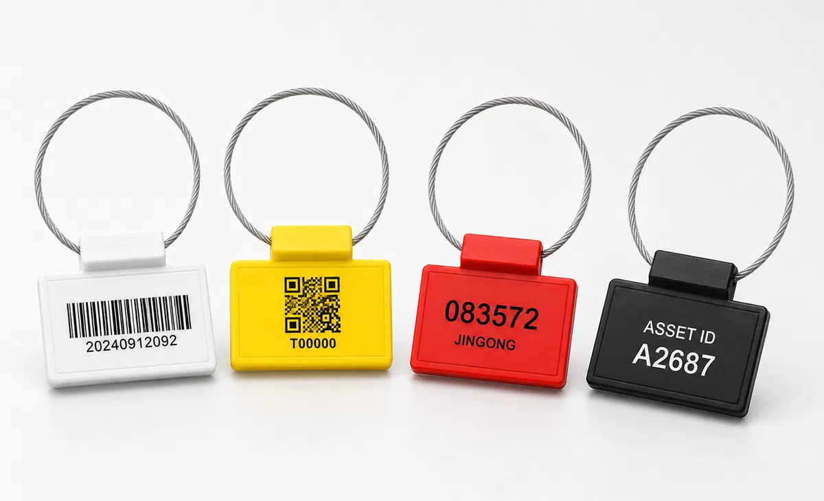 Custom printing examples on RFID cable seal tags with logo, barcode, QR code and serial number