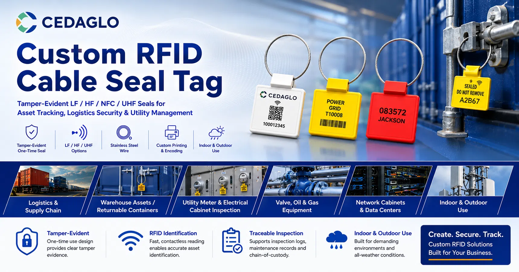 CedaGlo custom RFID cable seal tag overview showing tamper-evident LF, HF, NFC and UHF seals for logistics, utility and asset management