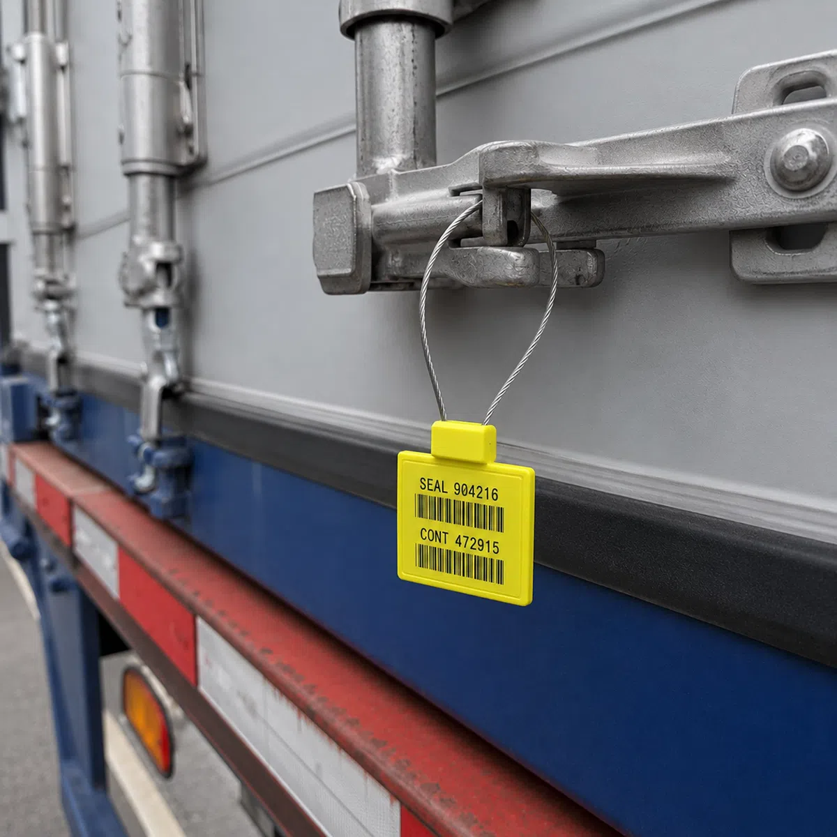 RFID cable seal tag installed on a shipping container door latch