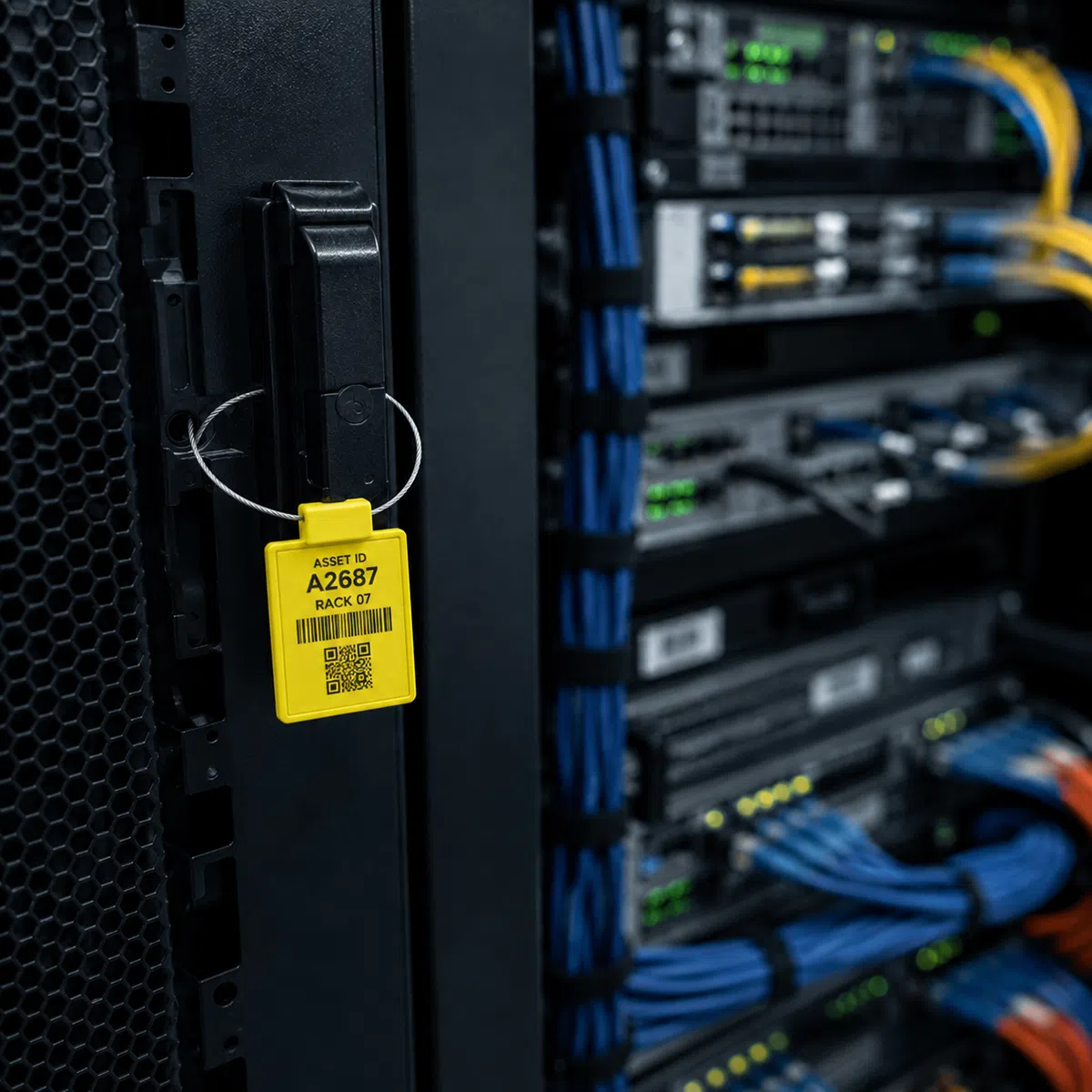 RFID cable seal tag applied to a server rack cabinet latch
