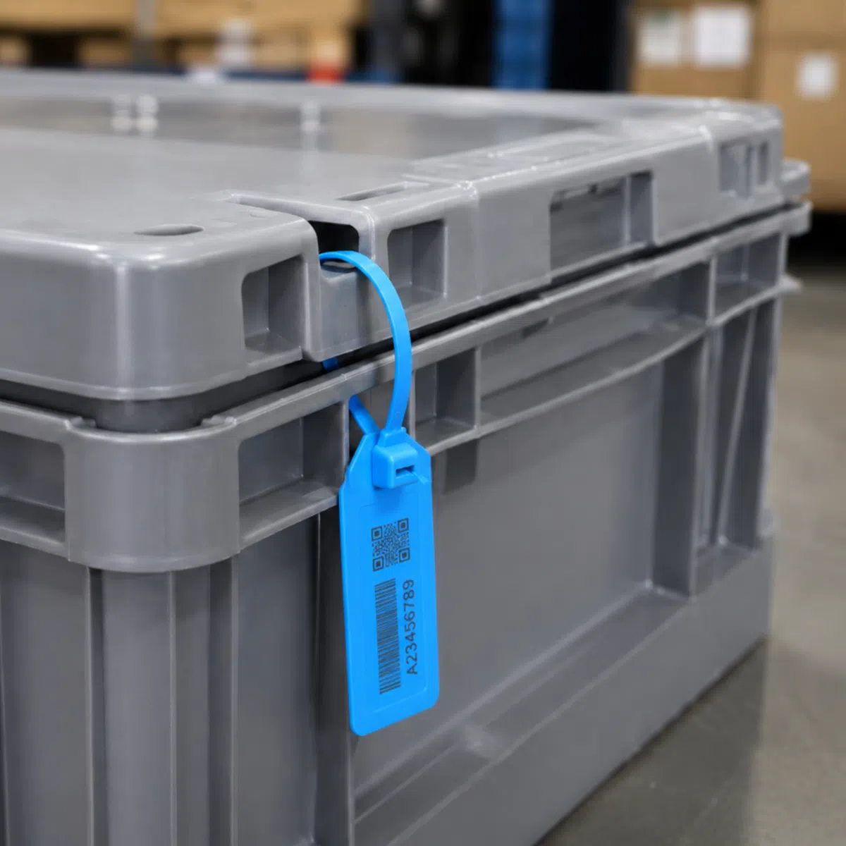 RFID seal tag applied to a logistics tote lid opening