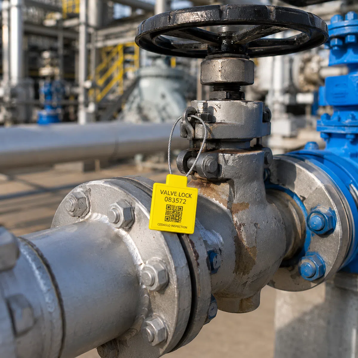 RFID cable seal tag secured at an industrial valve locking point