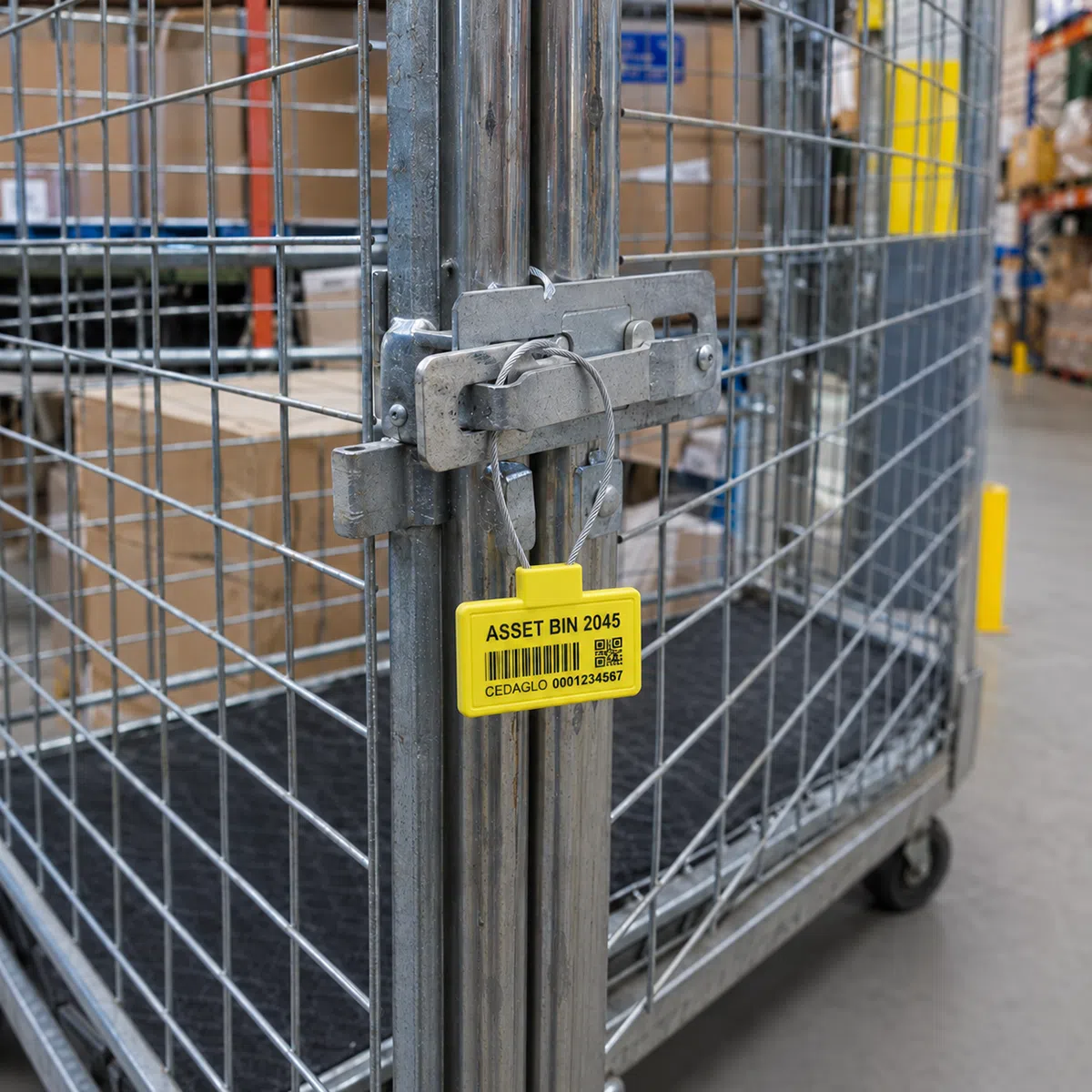 RFID cable seal tag on a warehouse roll cage door lock