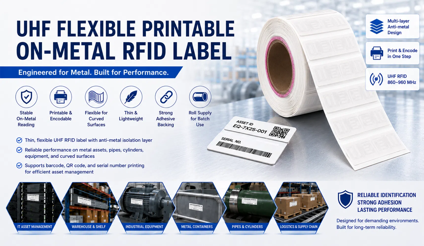 UHF flexible printable on-metal RFID label features, structure and asset tracking applications