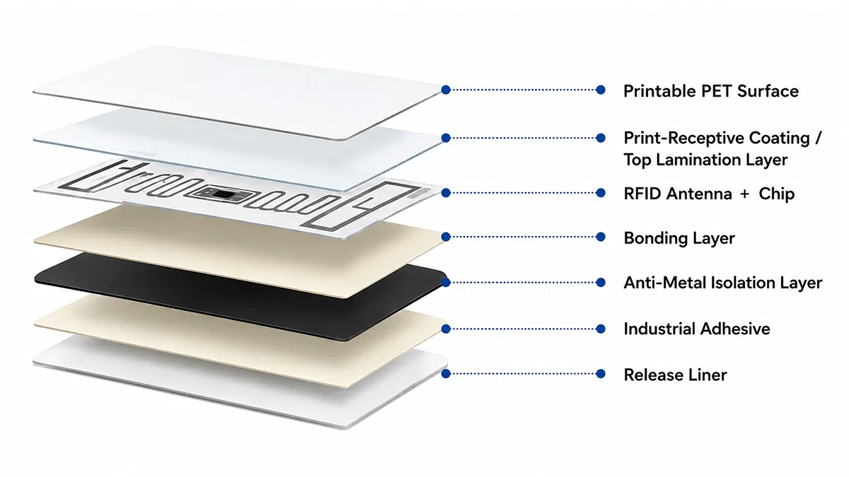 Flexible on-metal RFID label structure with printable PET surface and anti-metal layer