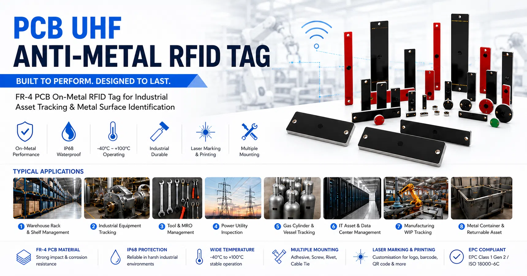PCB UHF anti-metal RFID tag banner showing FR-4 on-metal tags for industrial asset tracking