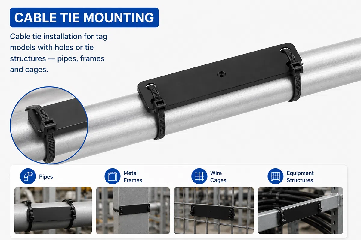 PCB UHF RFID tag cable tie mounting for pipes, frames and wire cages