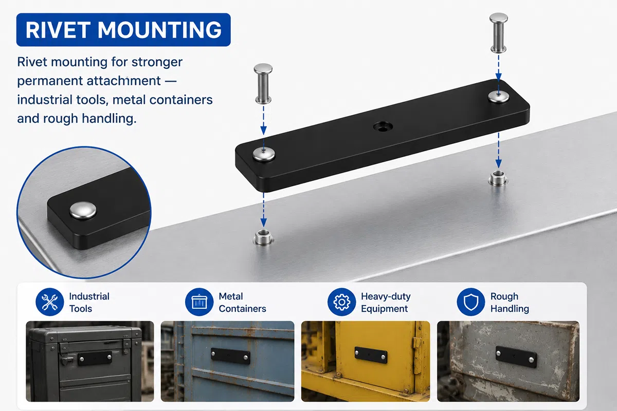 PCB UHF RFID tag rivet mounting for industrial tools, metal containers and rough handling