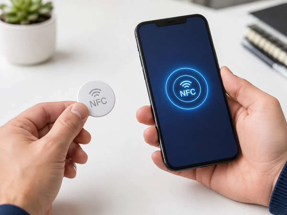 NFC token tag for smartphone tap interaction with URL or app data