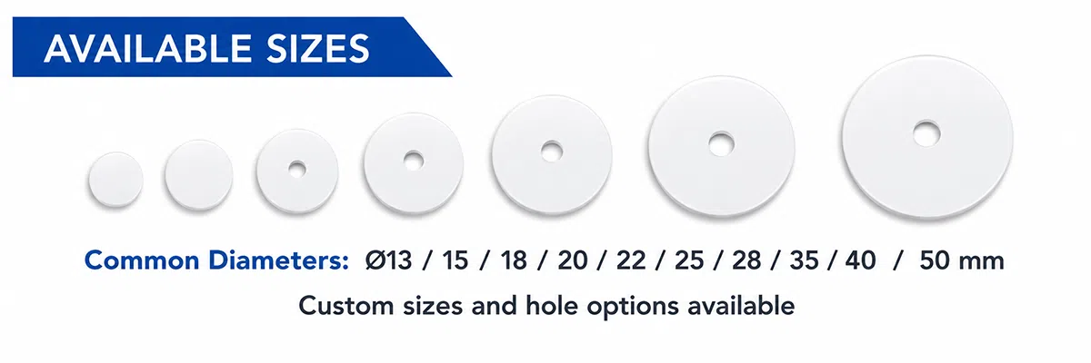 RFID token tag available diameters from 13 mm to 50 mm with custom hole options