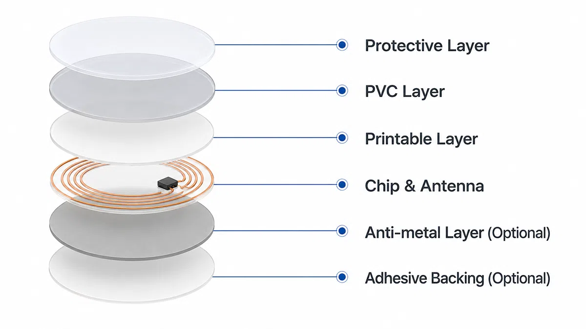 RFID token tag structure with protective layer, chip and antenna and optional anti-metal layer