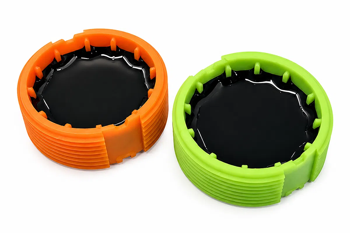 Close-up of epoxy-encapsulated RFID waste bin tag housing and threaded body detail
