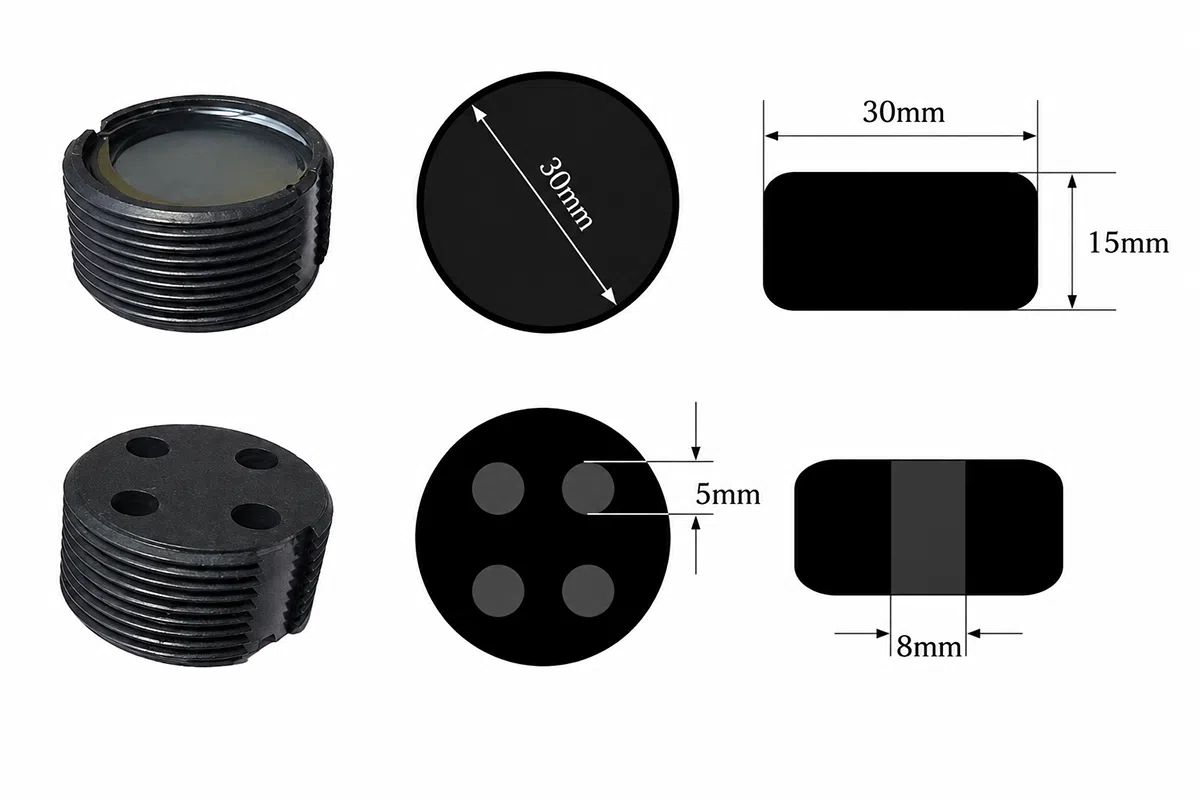RFID waste bin tag engineering dimensions: diameter 30 mm, height 15 mm, mounting hole 5.5 mm