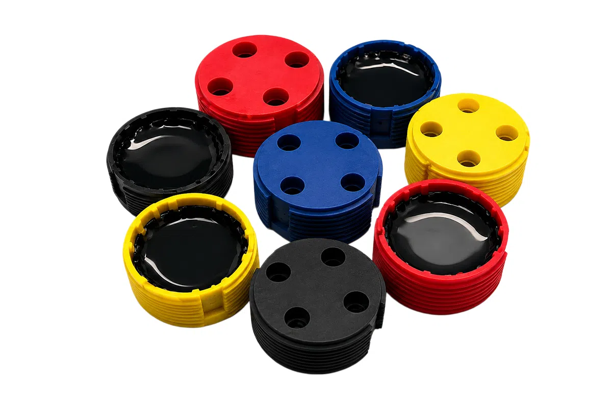 RFID waste bin tags in multiple housing colors — red, blue, yellow, black variants