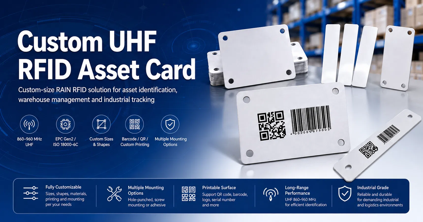 Custom UHF RFID asset card banner showing EPC Gen2 RAIN RFID tags for warehouse and industrial asset tracking
