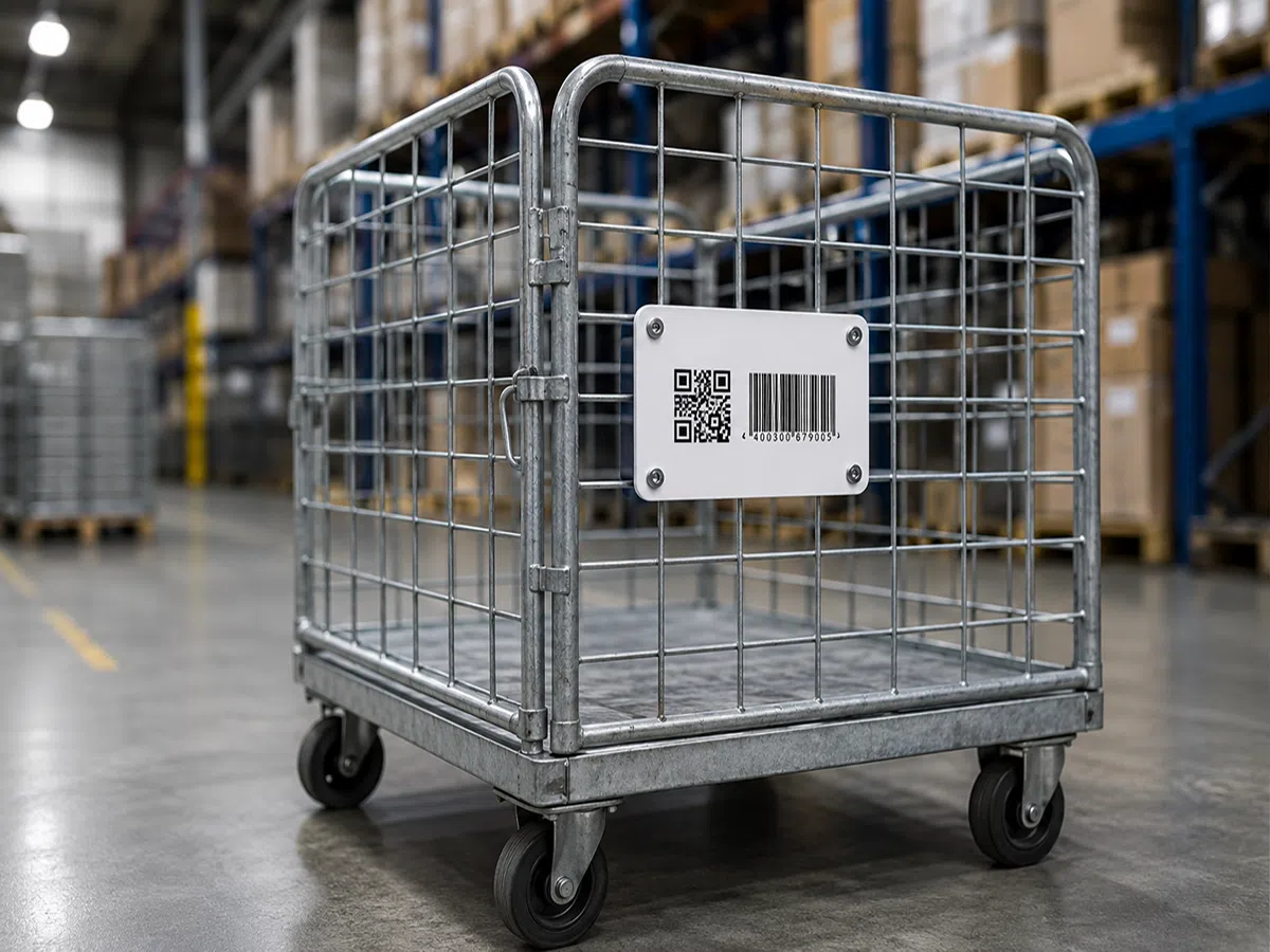 On-metal UHF RFID asset card on steel cage and roll container for tracking