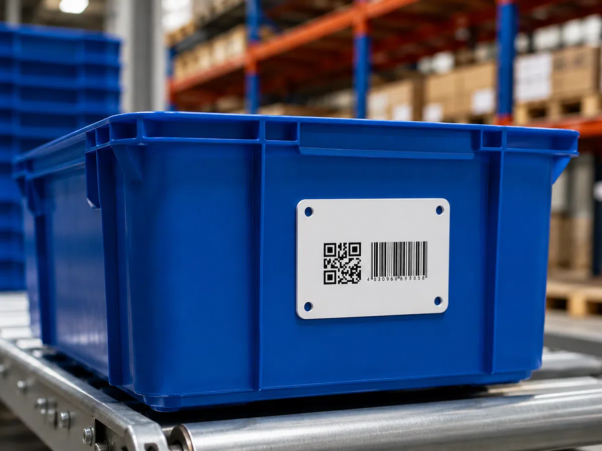 Adhesive UHF RFID asset card for reusable bin and tray tracking
