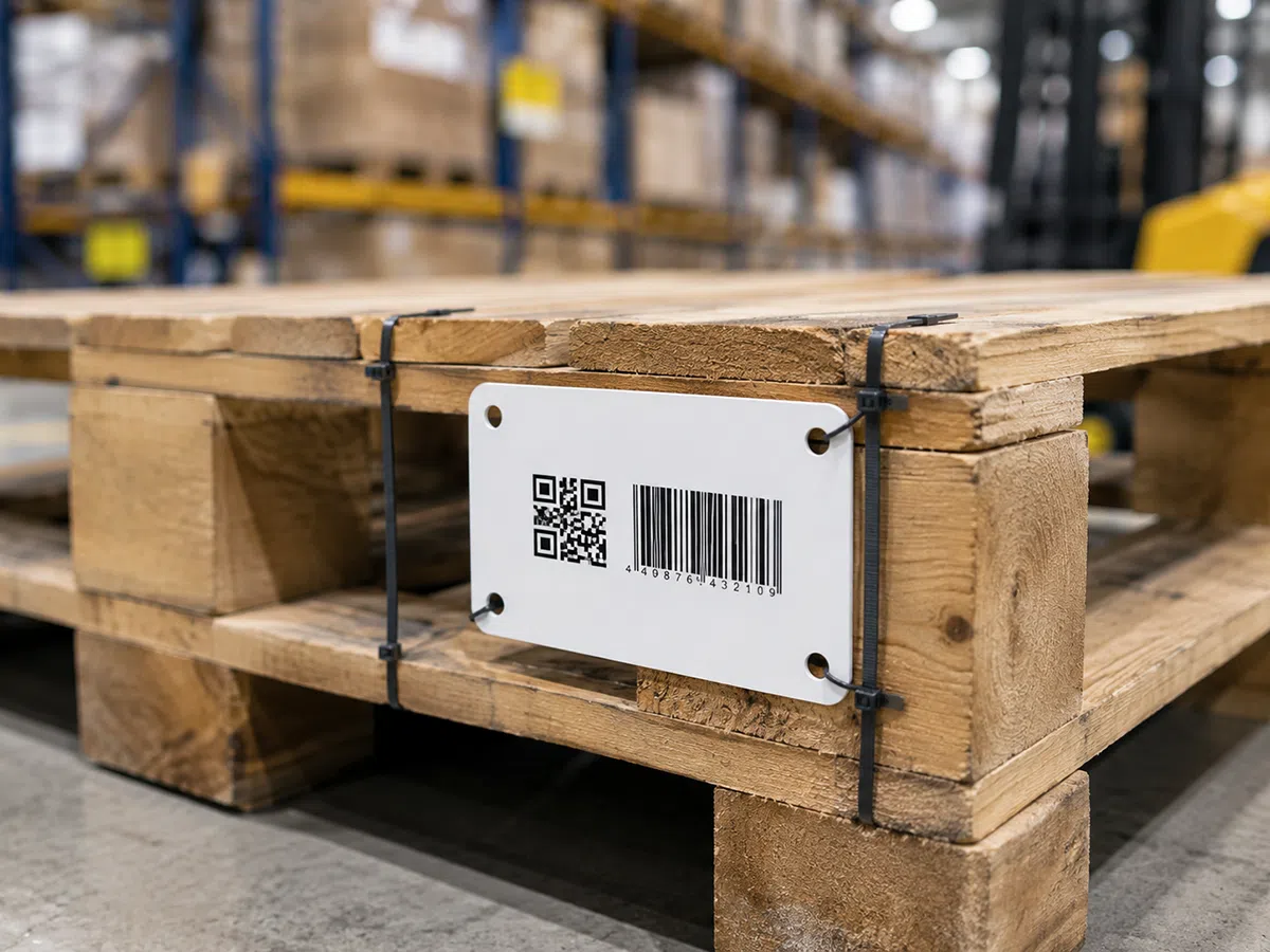 UHF RFID asset card mounted on wooden pallet for warehouse tracking