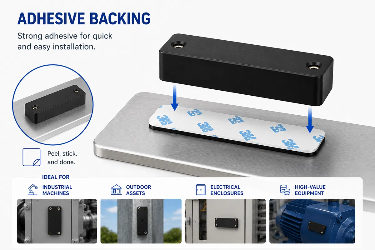 UHF ceramic RFID tag adhesive backing mounting on metal surface