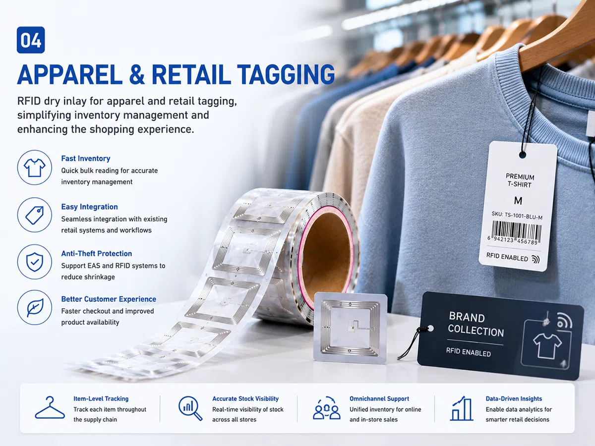 RFID dry inlay for apparel and retail tagging — UHF inlay for woven labels and hang tags