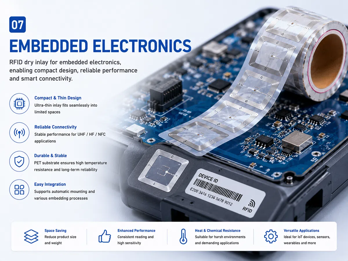 RFID dry inlay for embedded electronics and IoT — UHF dual-frequency PCB integration