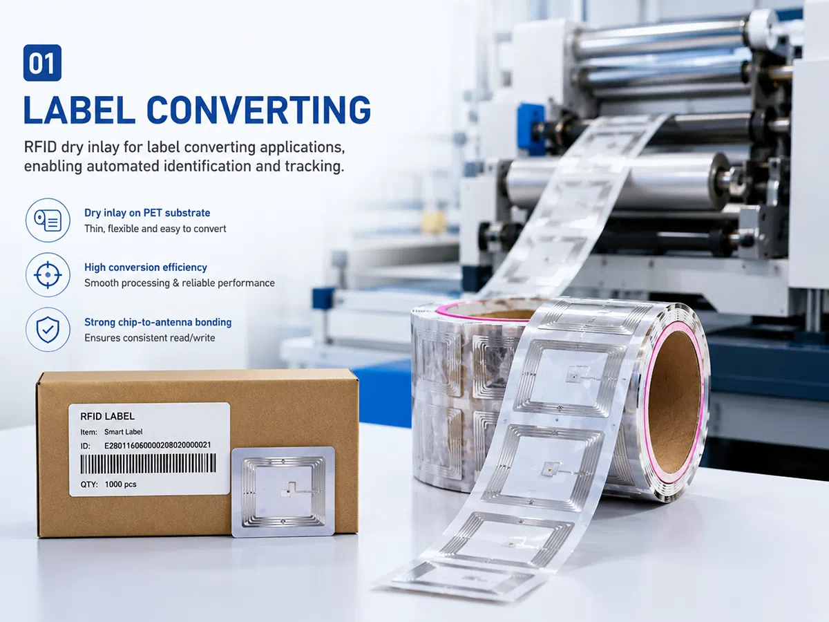 RFID dry inlay for smart label converting — roll format for rotary and flat-bed lamination