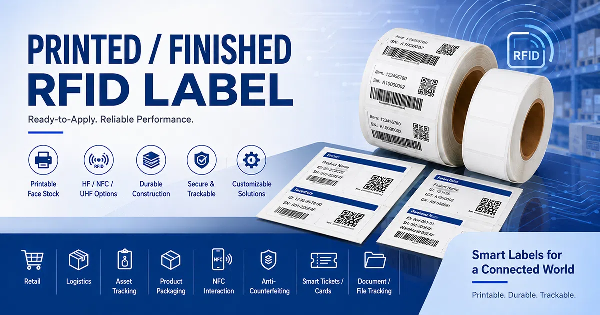 Printed finished RFID label — ready-to-apply smart labels with printable face stock, UHF HF NFC options and customizable solutions for retail logistics and tracking