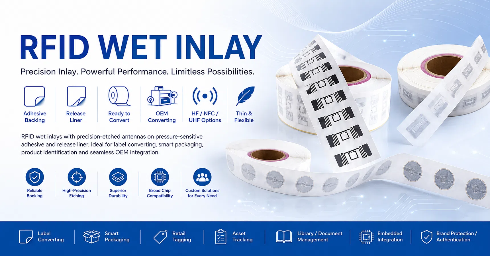 RFID wet inlay rolls with adhesive backing for label converting