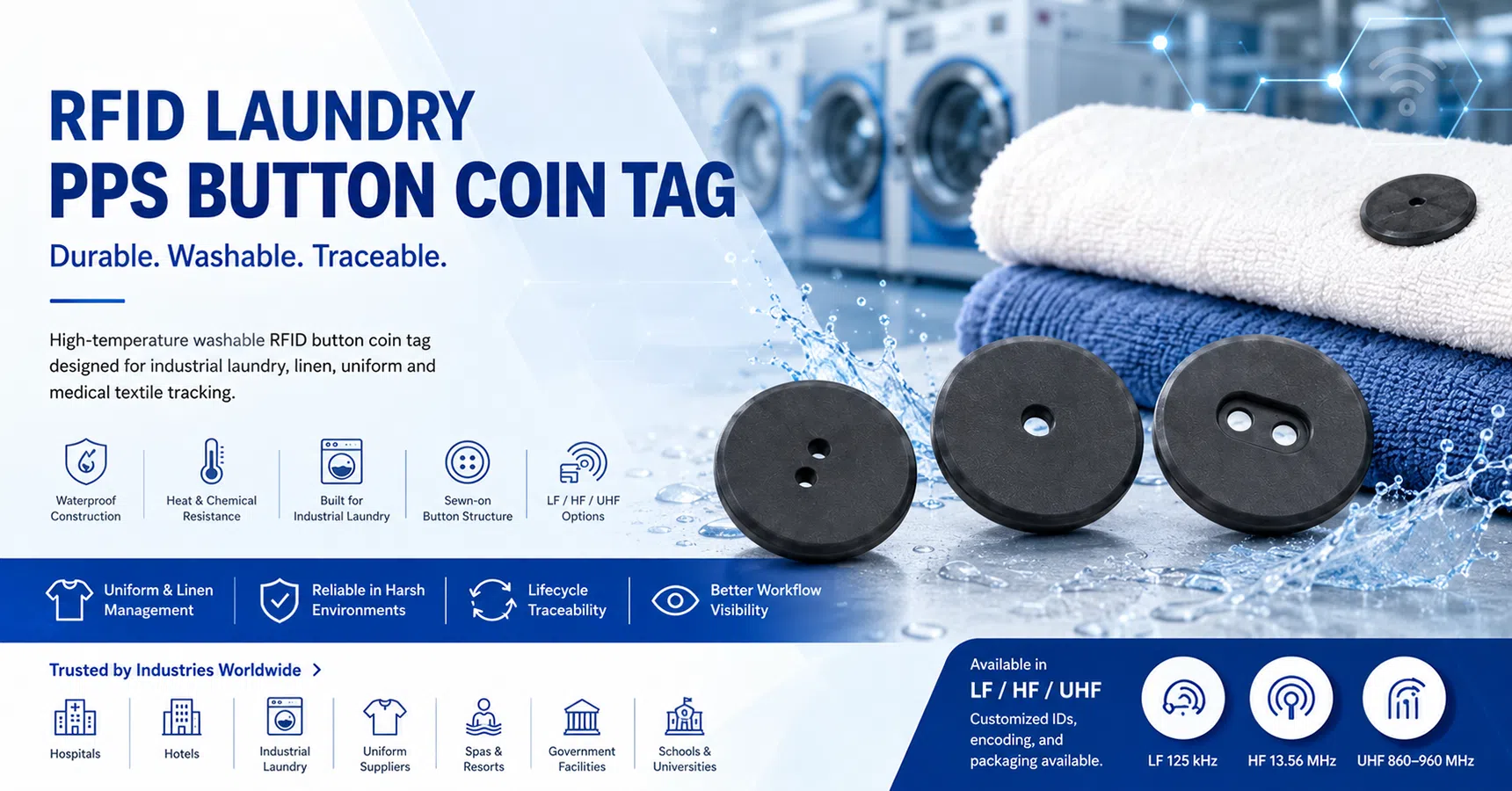 Washable RFID button coin tags made from PPS engineering plastic