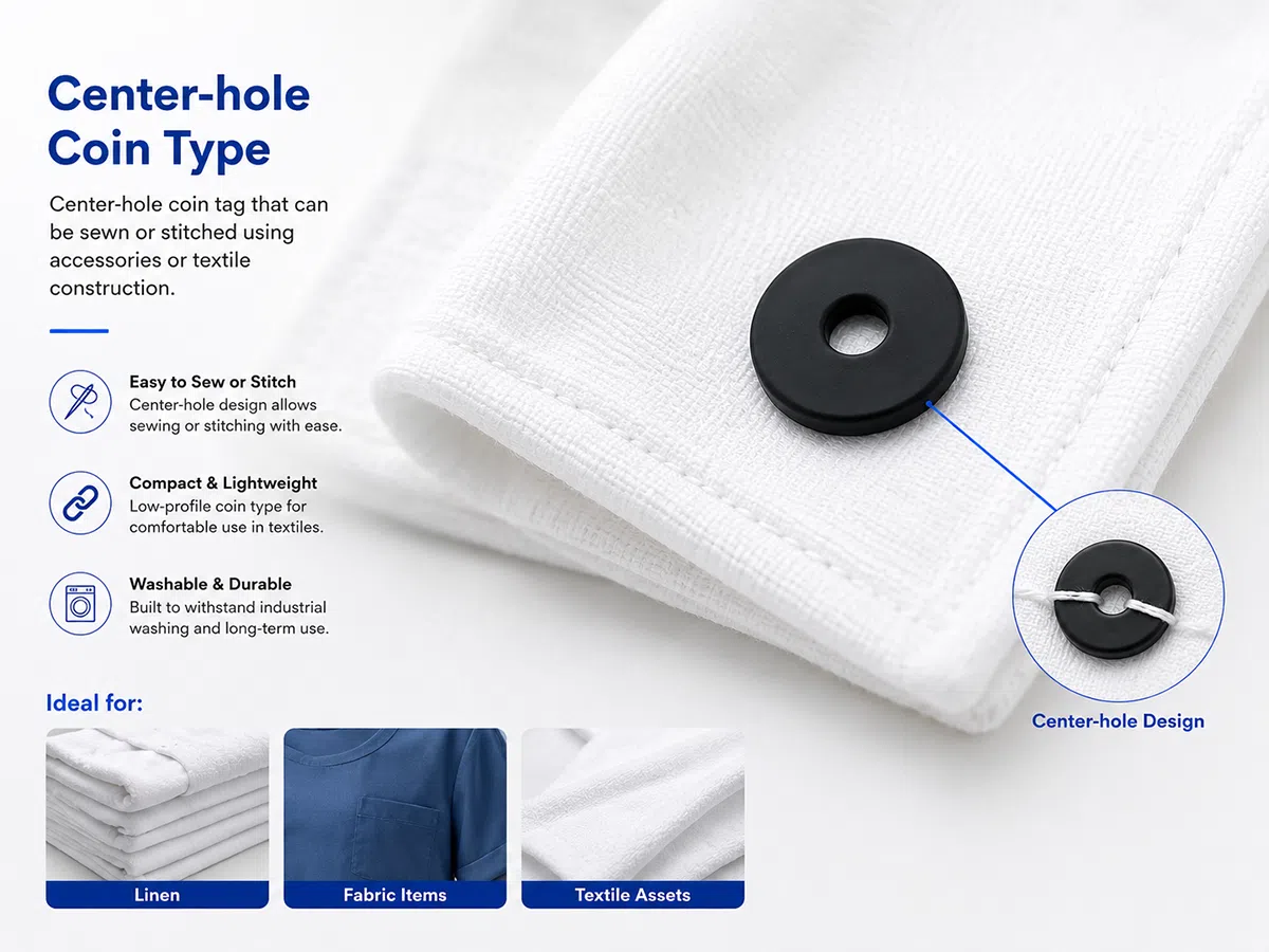 Center-hole RFID laundry coin tag for linen tracking