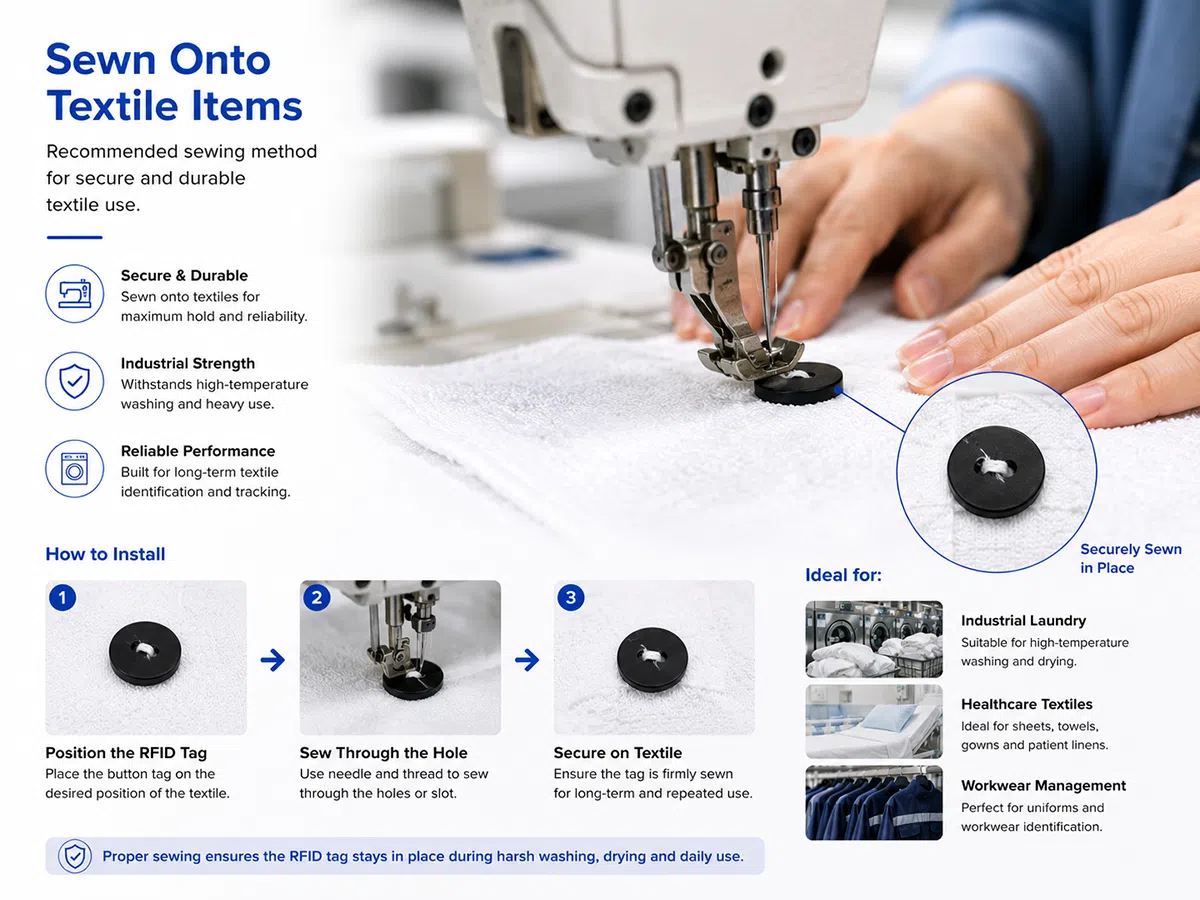 RFID button tag sewn onto textile items for industrial laundry