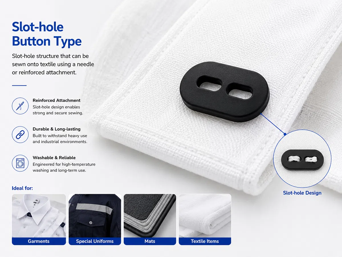 Slot-hole RFID button tag for textile attachment