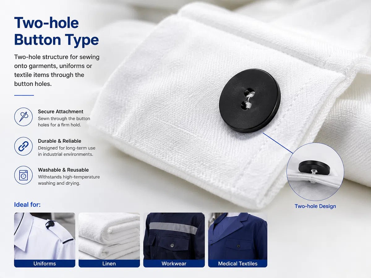Two-hole RFID laundry button tag for garments and uniforms