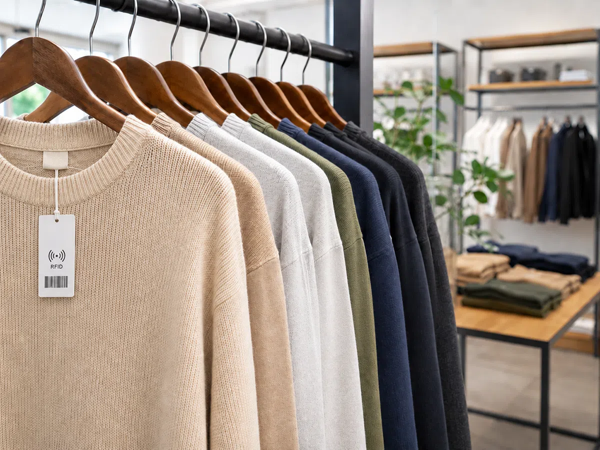 RFID apparel hang tags on garments for item-level inventory in fashion retail