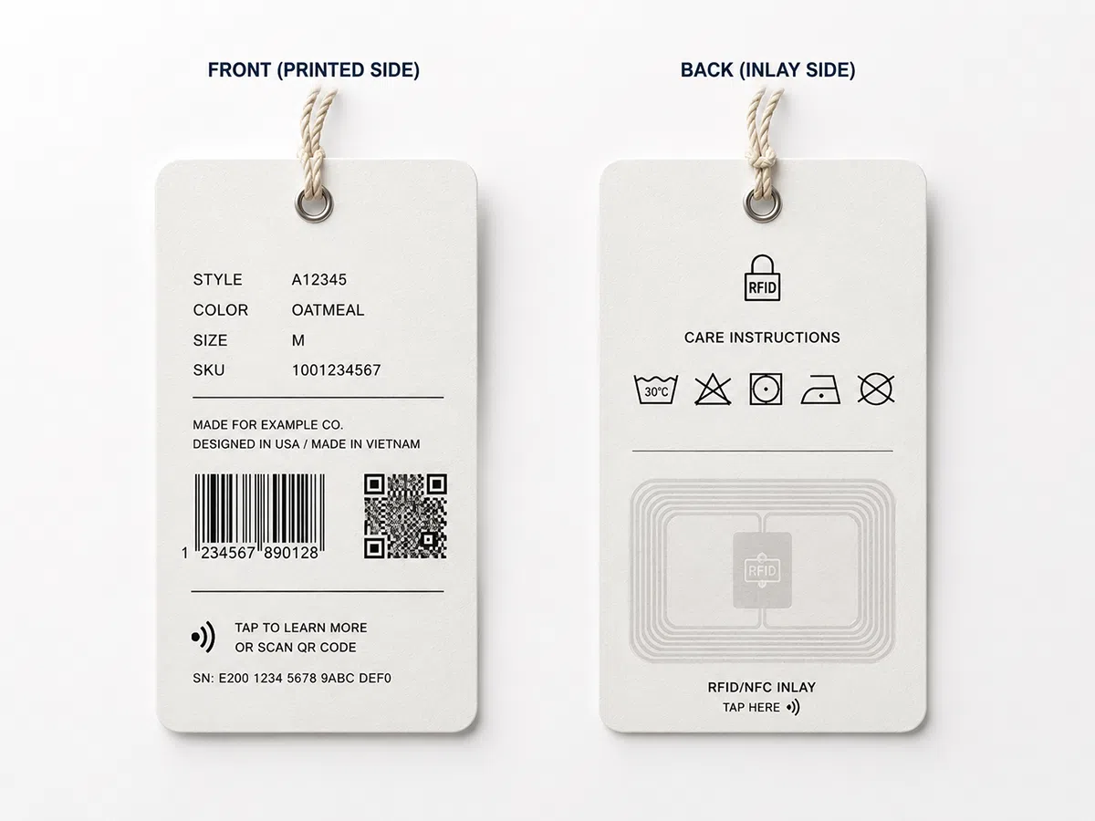 Custom RFID apparel hang tag design with barcode QR code and brand artwork printing