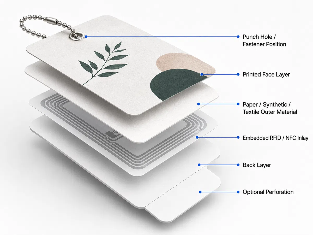 RFID apparel hang tag structure with printed face layer and embedded RFID NFC inlay