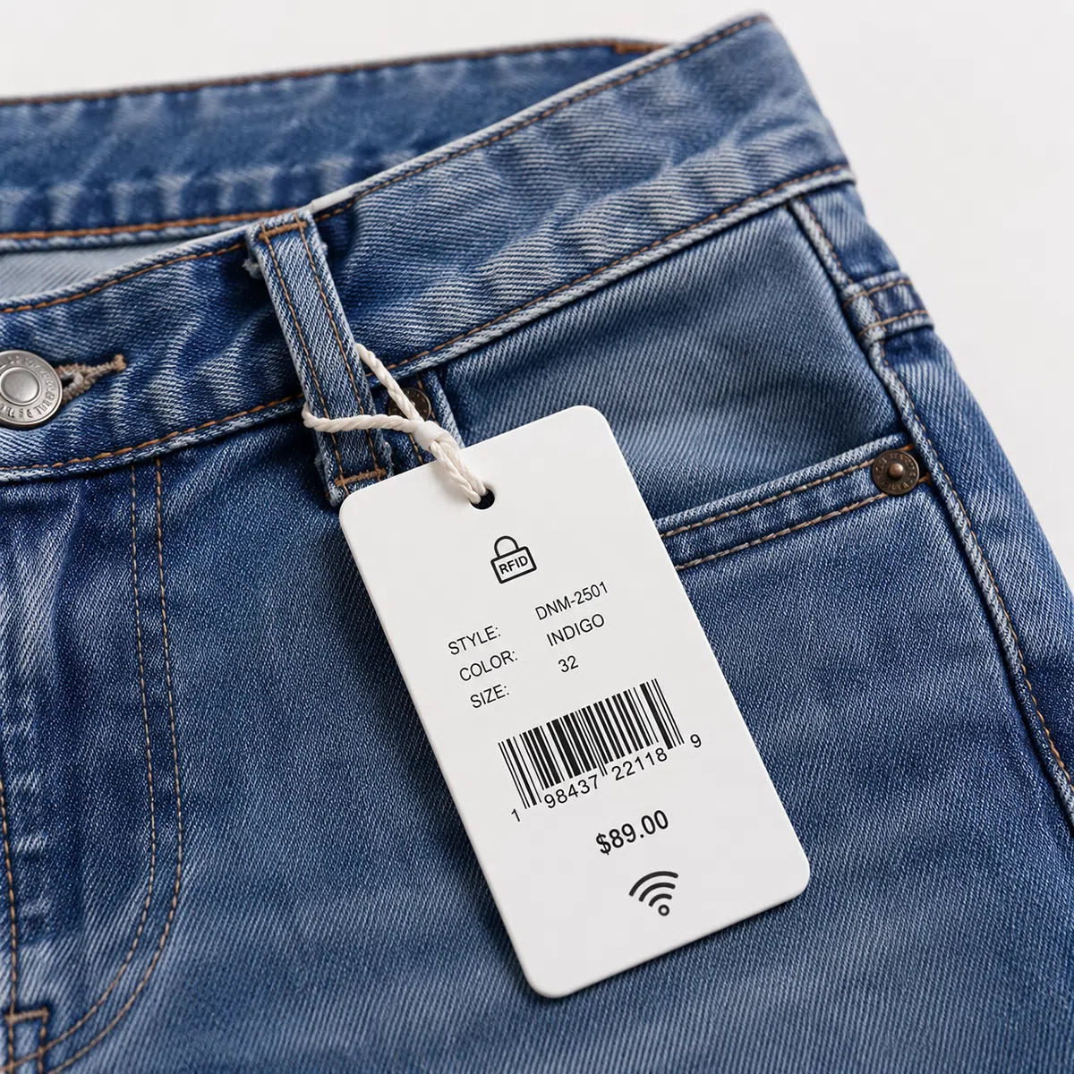 RFID apparel hang tag attached to denim garment for retail inventory and source tagging
