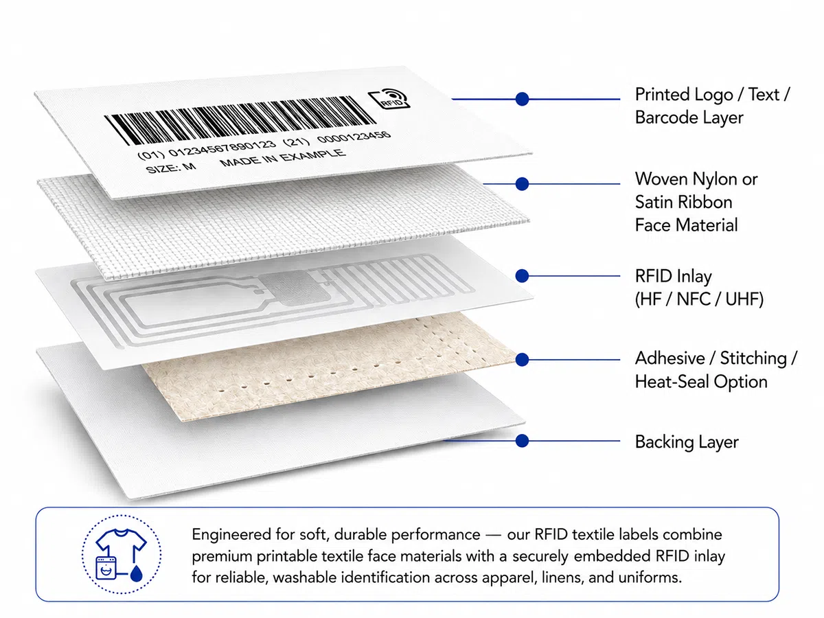 RFID textile label structure with printed layer textile face material and RFID inlay