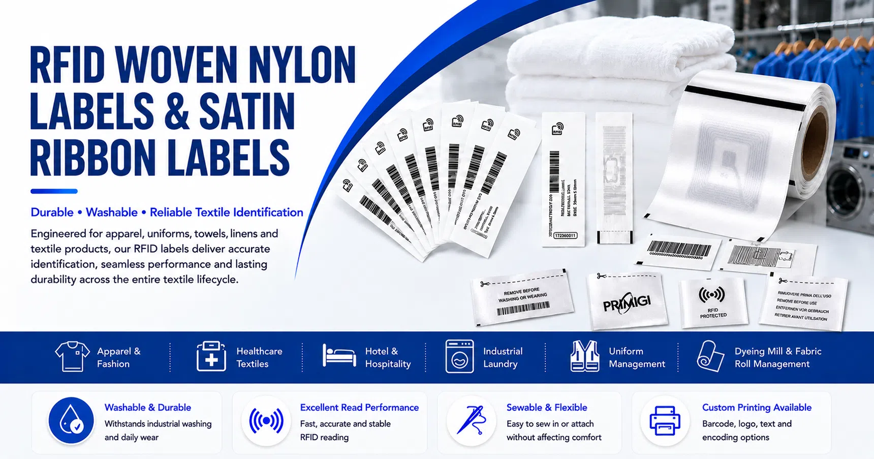 RFID woven nylon labels and satin ribbon labels – durable washable textile identification for apparel, uniforms, linen and laundry workflows