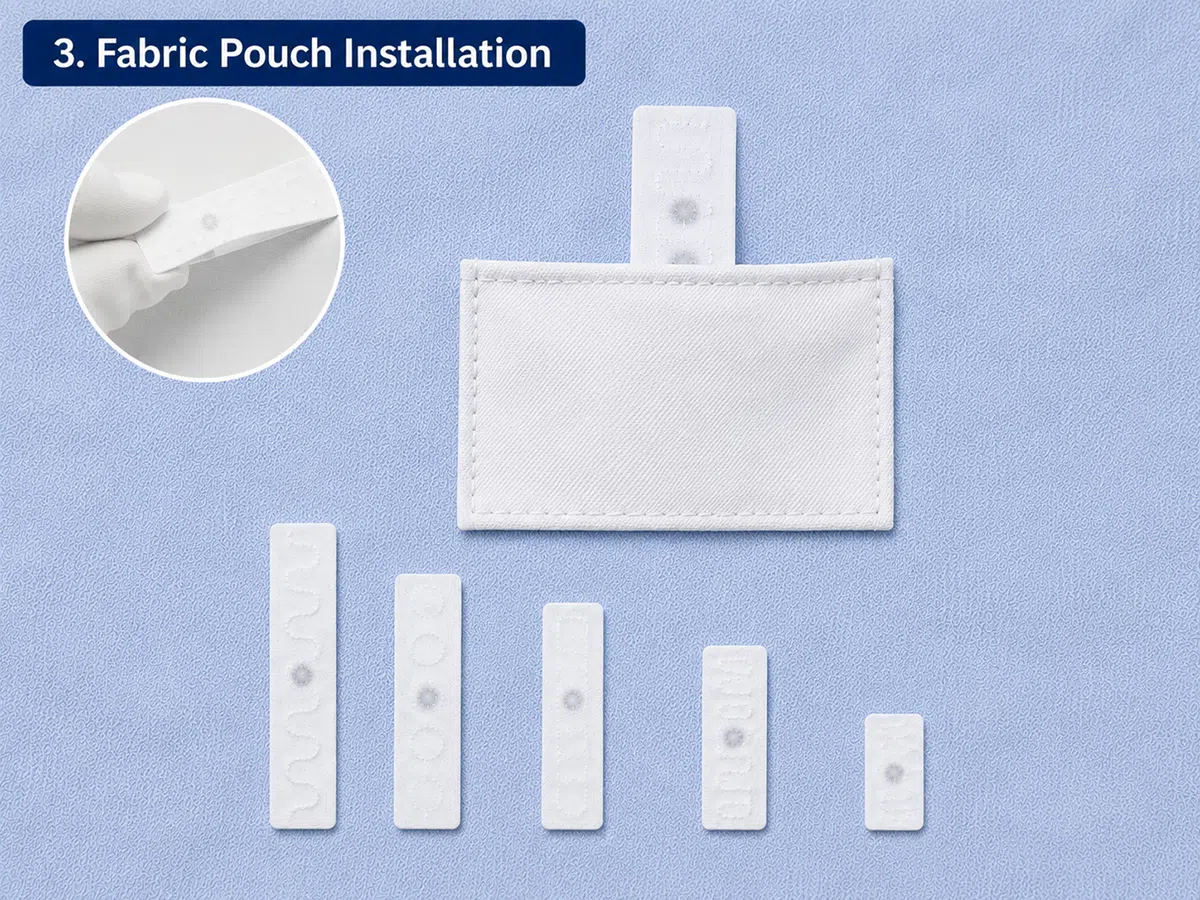 Fabric pouch RFID laundry tag inserted into textile pouch for protected installation