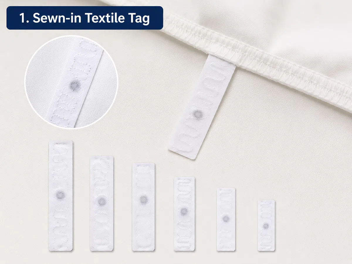 Sew-in RFID laundry tag stitched into garment seam for secure attachment
