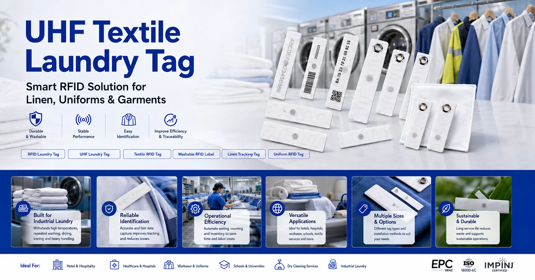 UHF Textile Laundry Tag banner showing washable RFID tags for hotel linen hospital textiles and uniform management
