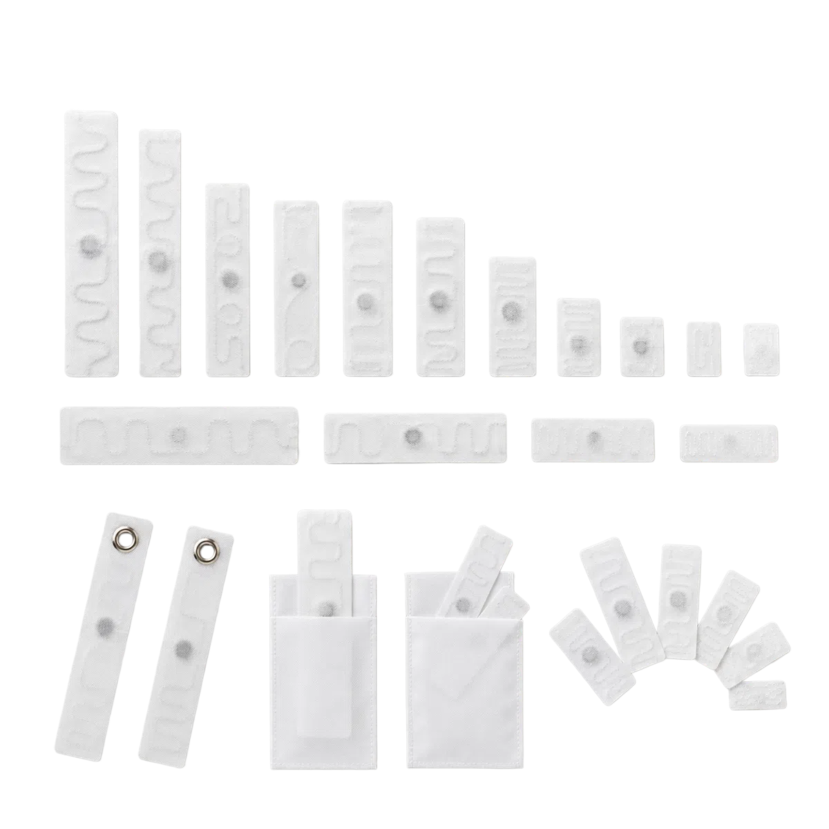 Various sizes and constructions of UHF RFID textile laundry tags for different textile applications
