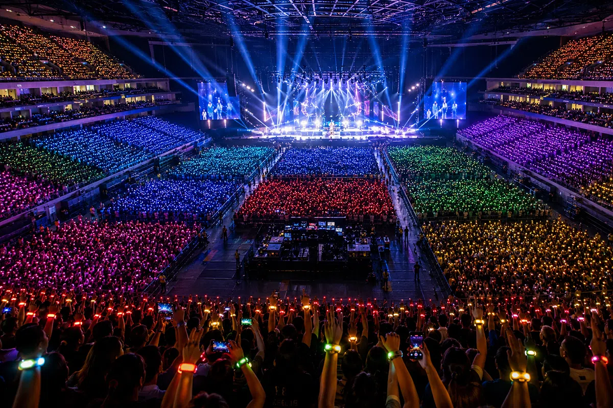 Concert audience wearing synchronized blue DMX LED wristbands