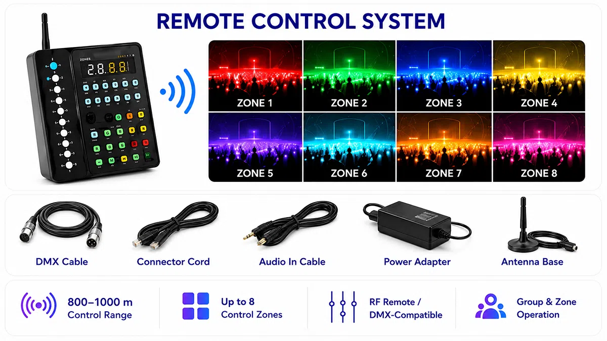 RF and DMX controller system showing 8-zone operation for LED wristbands