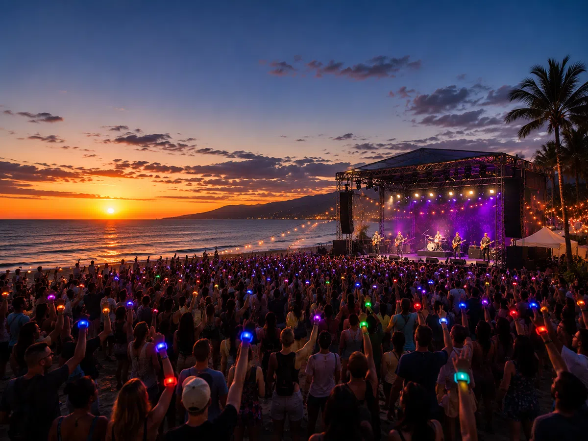 Festival crowd with multi-color LED glow wristbands in outdoor event