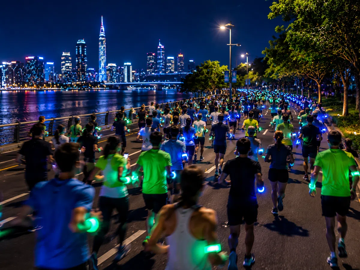 Participants wearing LED wristbands during night run event